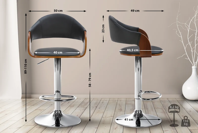 Tabouret de bar design rétro chic assise en PVC noir et bois noyer piètement en métal chromé 10_0005289
