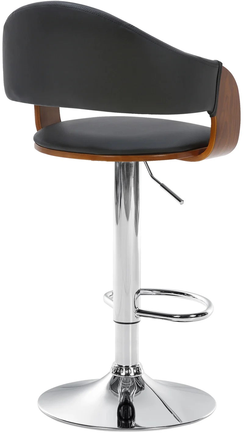 Tabouret de bar design rétro chic assise en PVC noir et bois noyer piètement en métal chromé 10_0005289