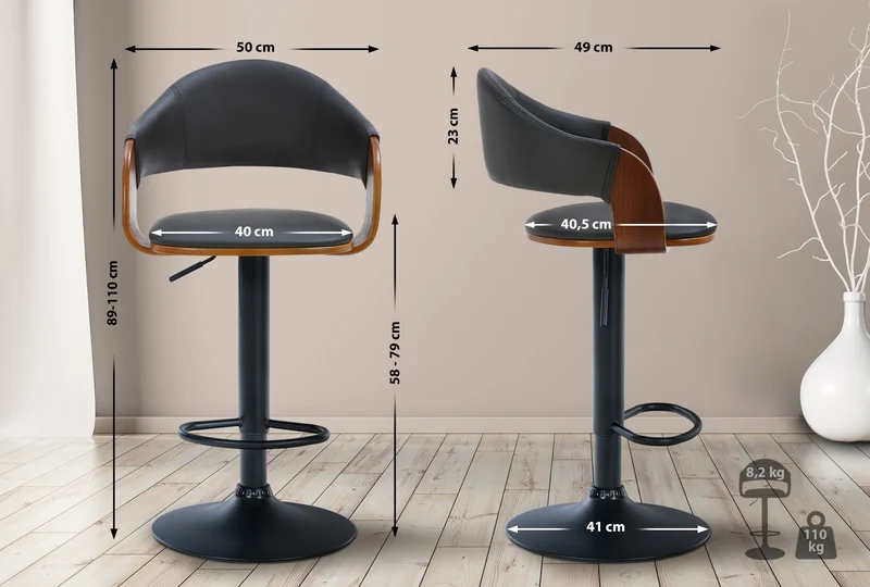 Tabouret de bar design rétro chic assise en PVC noir et bois noyer piètement en métal noir 10_0005292