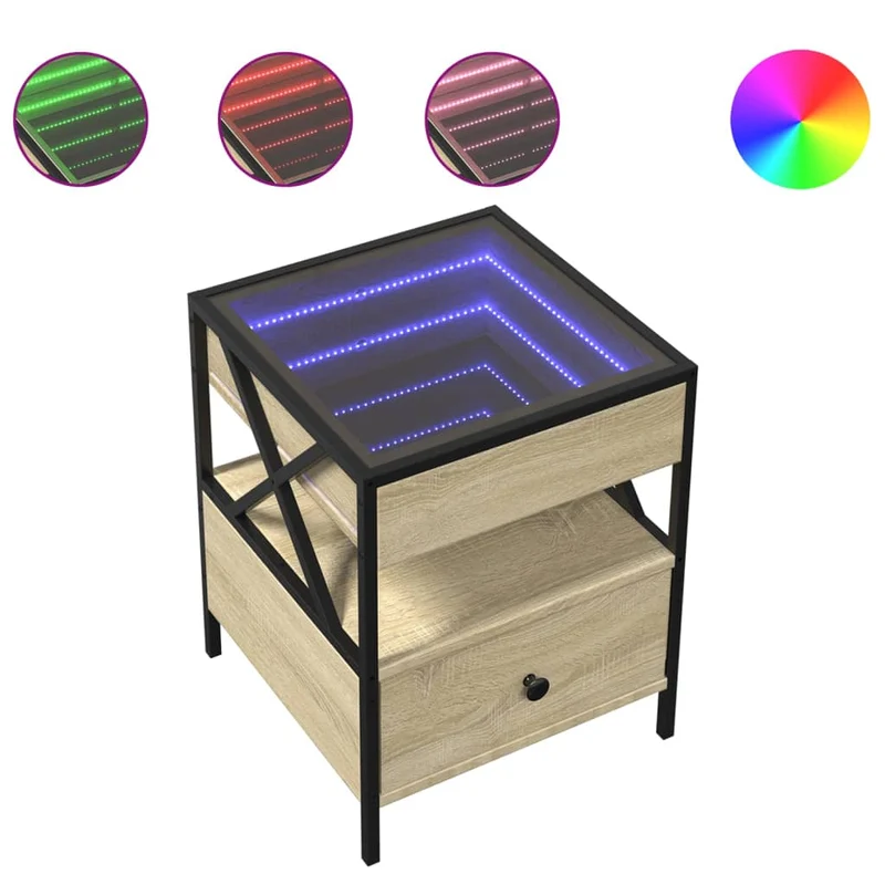 Table de chevet avec tiroir design moderne avec LED 40 x 40 x 51 cm bois d'ingénierie couleur chêne verre et métal DEC037561