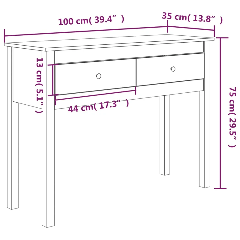 Table console avec tiroirs 100 x 35 x 75 cm bois massif de pin blanc DEC031677