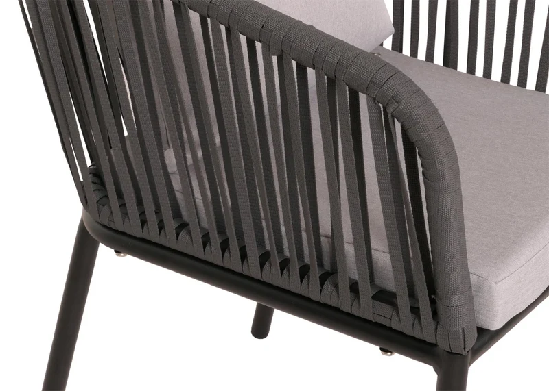 Lot de 2 chaises de jardin avec accoudoir cadre en aluminium anthracite corde en maille coussin gris clair 04_0007307