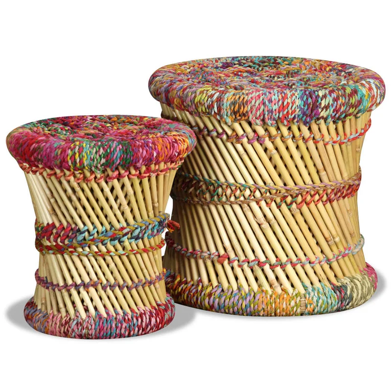 Lot de 2 tabourets assise poufs avec détails chindi en bambou multicolore DEC026382