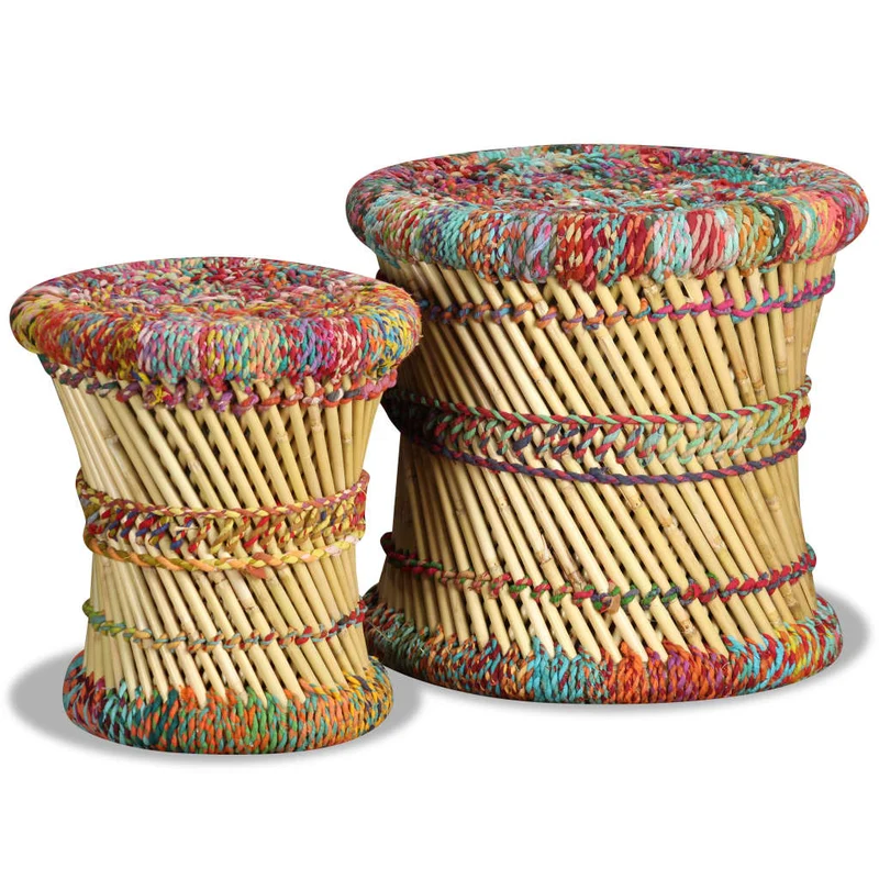 Lot de 2 tabourets assise poufs avec détails chindi en bambou multicolore DEC026382