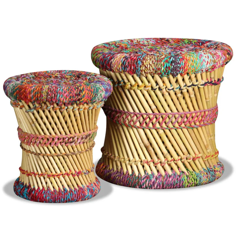 Lot de 2 tabourets assise poufs avec détails chindi en bambou multicolore DEC026382