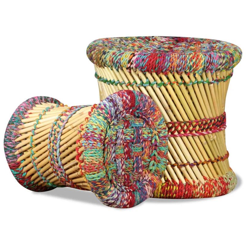 Lot de 2 tabourets assise poufs avec détails chindi en bambou multicolore DEC026382