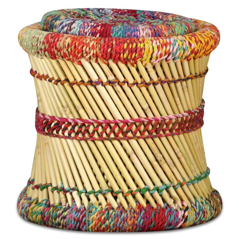 Lot de 2 tabourets assise poufs avec détails chindi en bambou multicolore DEC026382