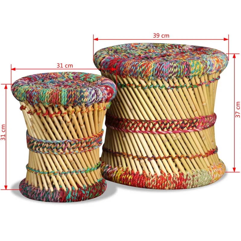 Lot de 2 tabourets assise poufs avec détails chindi en bambou multicolore DEC026382