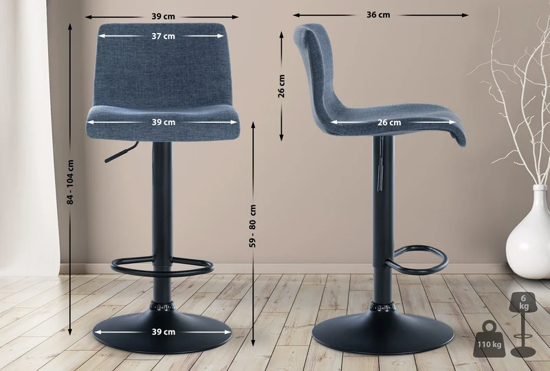 Lot de 2 tabourets de bar design simple avec repose-pieds en tissu bleu pieds en métal noir 10_0004049