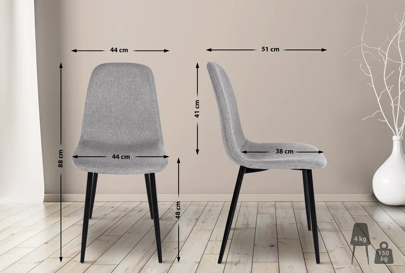 Lot de 4 chaises de salle à manger design simple avec pieds en métal noir assise en tissu gris clair 10_0001839