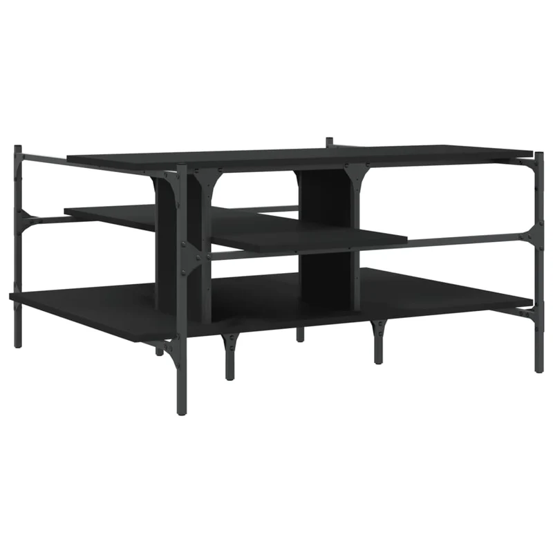Table basse avec étagères design industriel 100 x 100 x 48,5 cm bois d'ingénierie noir et acier DEC039526