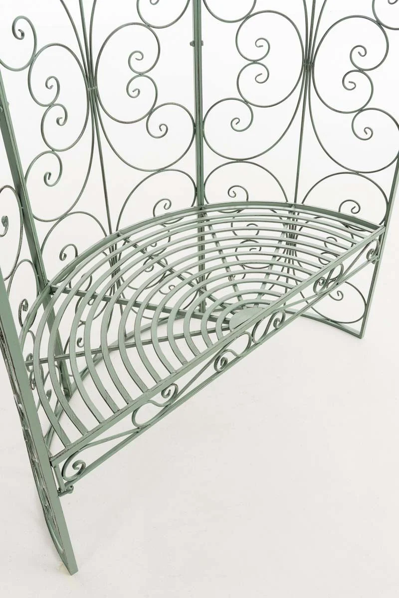 Banc de jardin avec arche à rosiers en métal vert vieilli style vintage MDJ10185