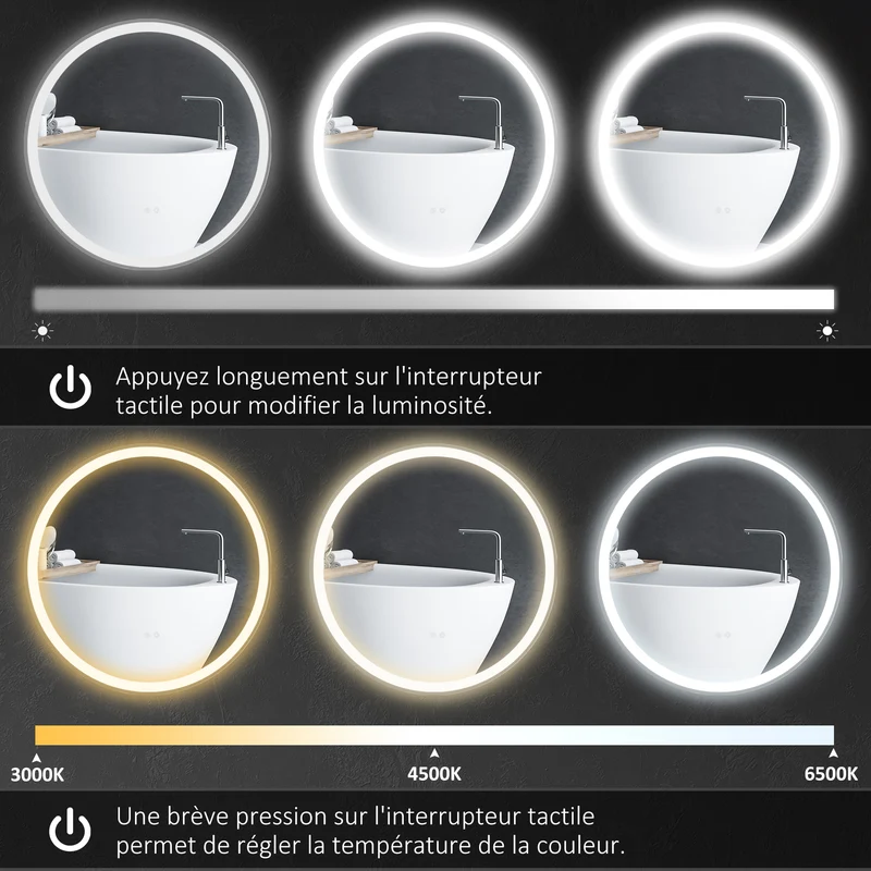Miroir rond salle de bain 70 x 3.4 cm antibuée éclairage 3 couleurs tactile grand format épuré moderne en verre argent 21_0001969