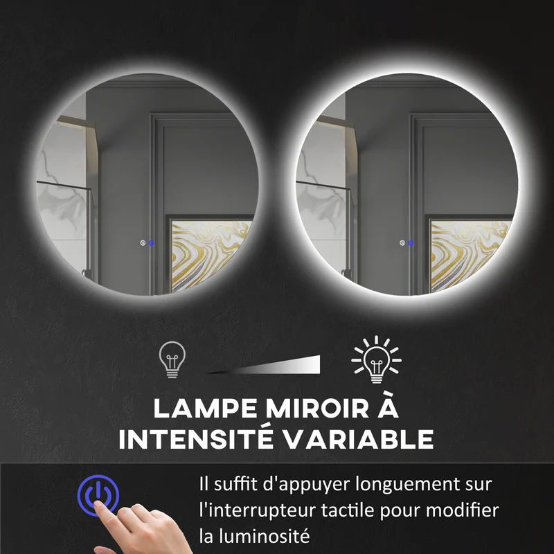 Miroir rond mural salle de bain 70 x 3,5 cm antibuée éclairage réglable tactile diodes design contemporain en verre gris 21_0001975