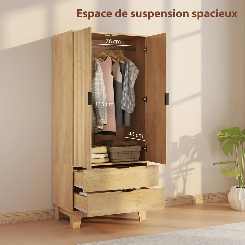 Armoire penderie chambre 80 x 50 x 180 cm fermeture douce grand rangement moderne en panneau de particules bois naturel 21_0003753
