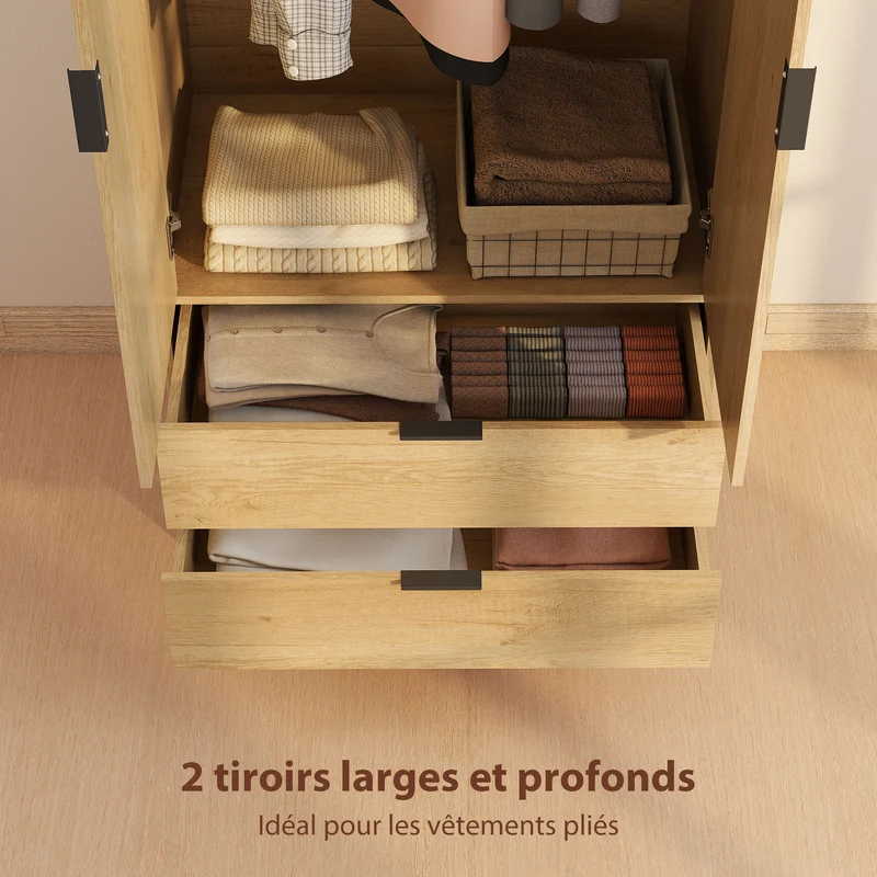 Armoire penderie chambre 80 x 50 x 180 cm fermeture douce grand rangement moderne en panneau de particules bois naturel 21_0003753