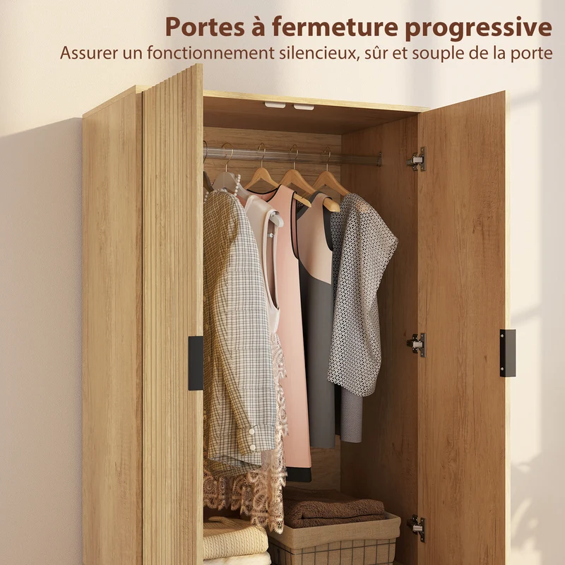 Armoire penderie chambre 80 x 50 x 180 cm fermeture douce grand rangement moderne en panneau de particules bois naturel 21_0003753