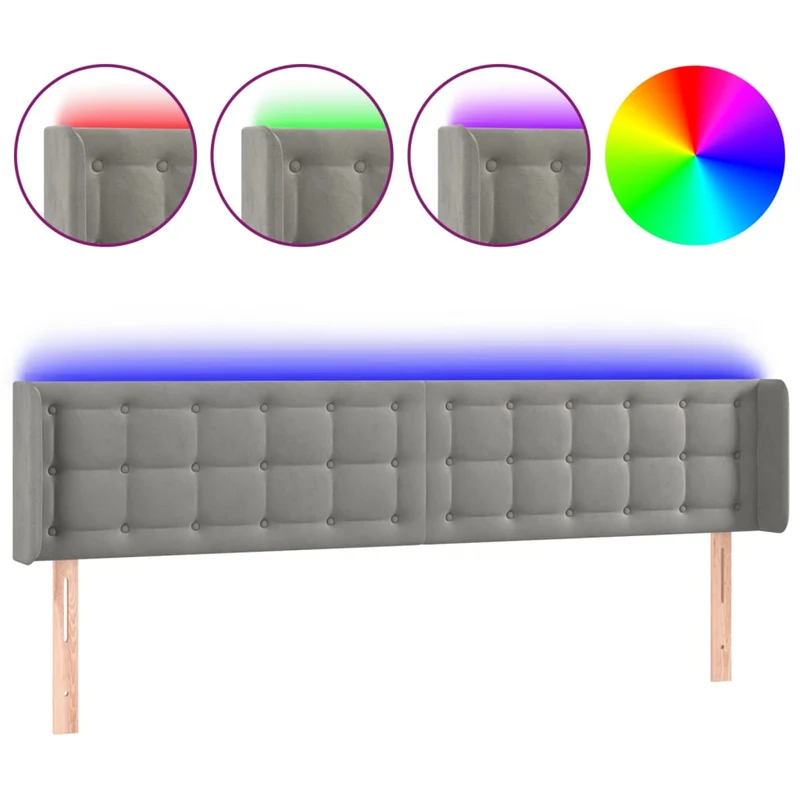 Tête de lit accessoire couchage chambre à coucher meuble à LED 203 x 16 x 78/88 cm tissu velours gris clair TDL0201286
