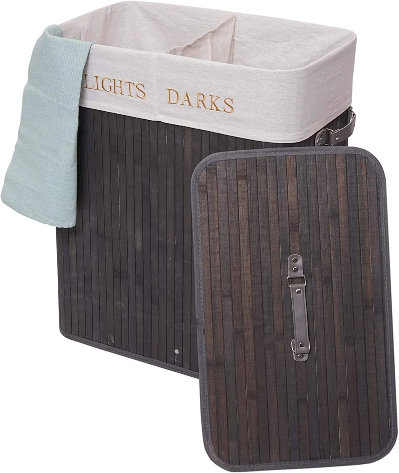 Panier / corbeille à linge en bambou gris foncé 100l avec poignées avec 2 compartiments 63x55x34cm DEC04130