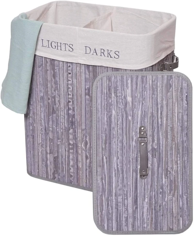 Panier / corbeille à linge en bambou gris-bleu 100l avec poignées avec 2 compartiments 63x55x34cm DEC04128