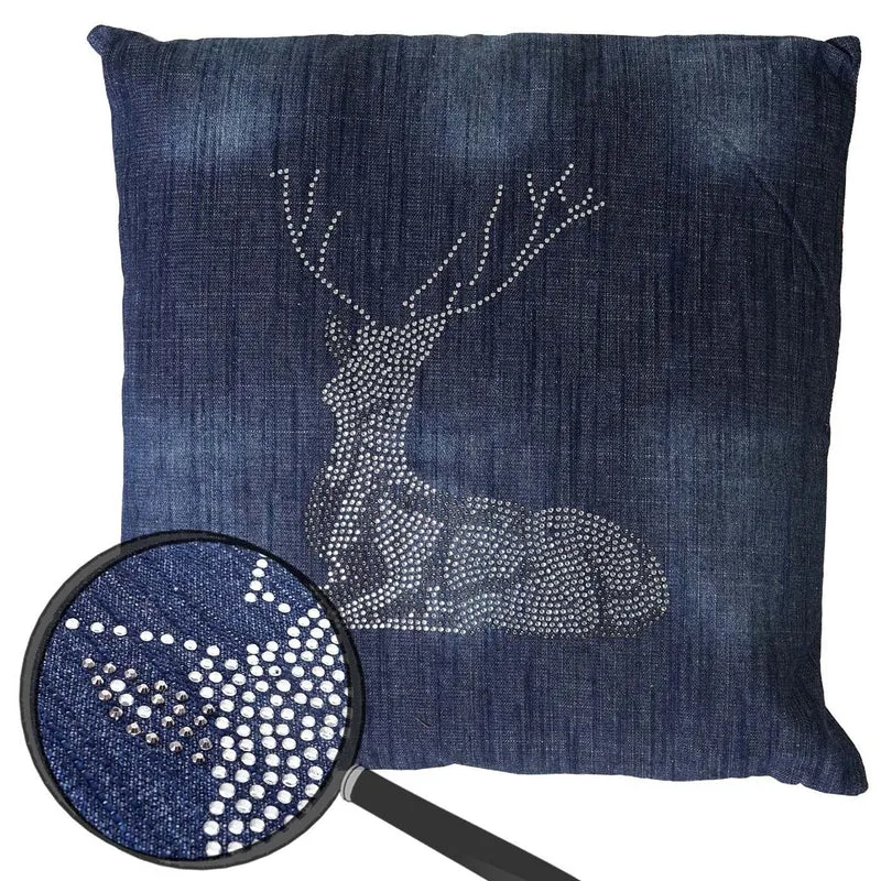 Coussin bleu avec motif cerf effet brillant 45x45 cm déhoussable DEC04074