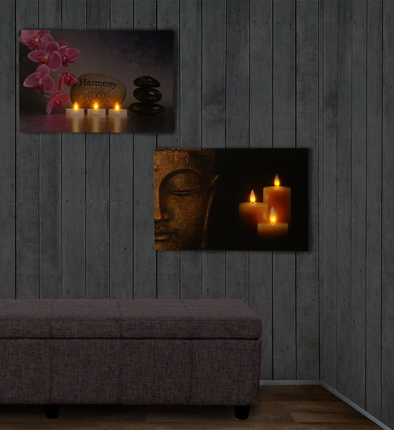 Toile de décoration murale x2 LED tableau illuminé motif bouddha DEC04016