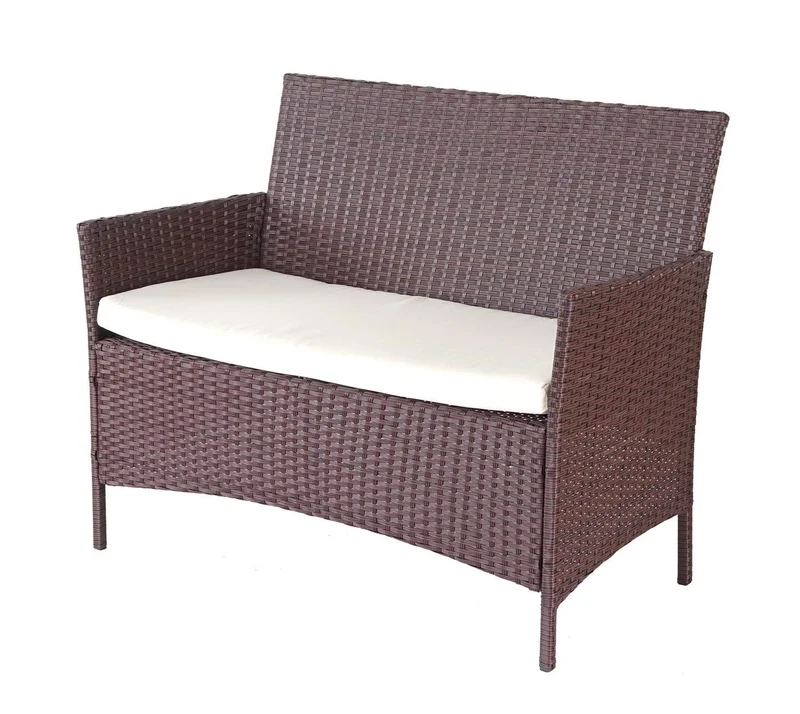 Salon de jardin avec fauteuils banc et table en poly-rotin marron et coussin crème MDJ04146