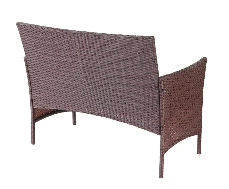 Salon de jardin avec fauteuils banc et table en poly-rotin marron et coussin crème MDJ04146
