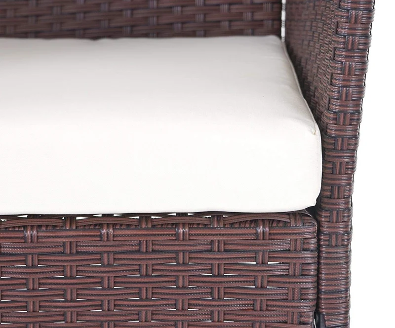 Salon de jardin avec fauteuils banc et table en poly-rotin marron et coussin crème MDJ04146