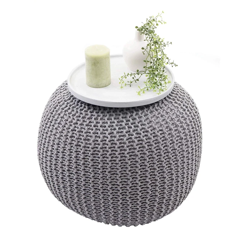 Tabouret repose pieds pouf aspect tricot à grosse maille 40x50cm gris TABO04007