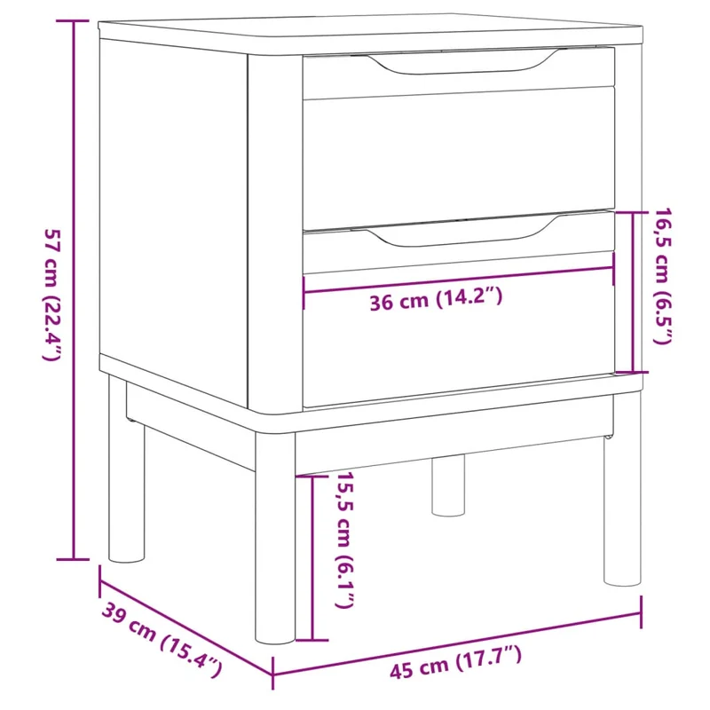 Table de chevet avec deux tiroirs 45 x 39 x 57cm bois de pin massif DEC033914