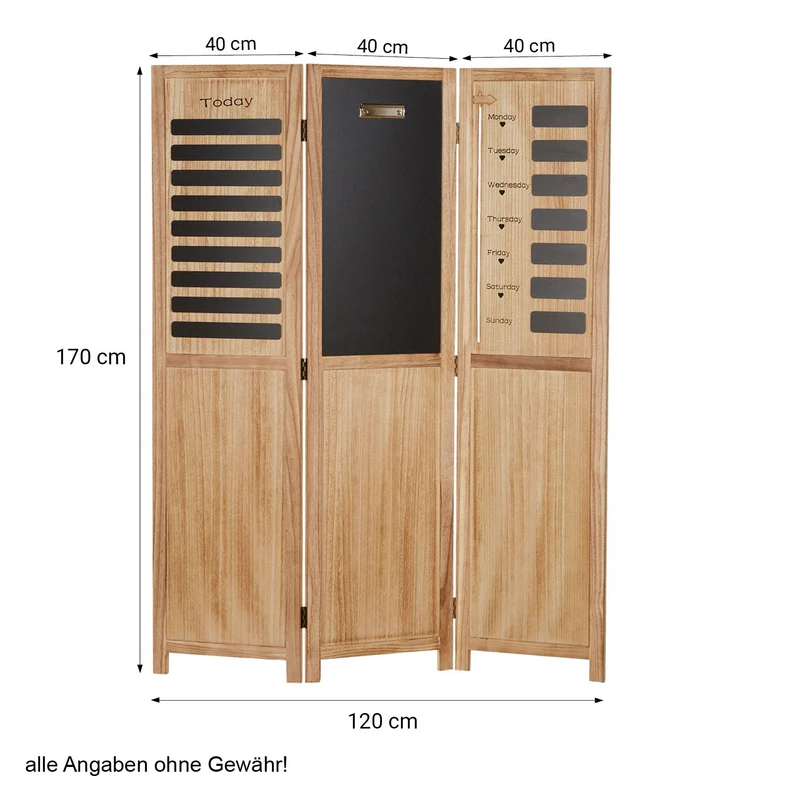 Paravent 3 panneaux en bois 170x120 cm avec ardoise intégrée pour planning semaine PAR06098