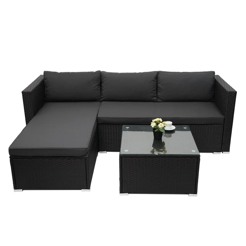 Salon de jardin pour balcon jardin lounge set sofa polyrotin noir coussin gris foncé 04_0003248