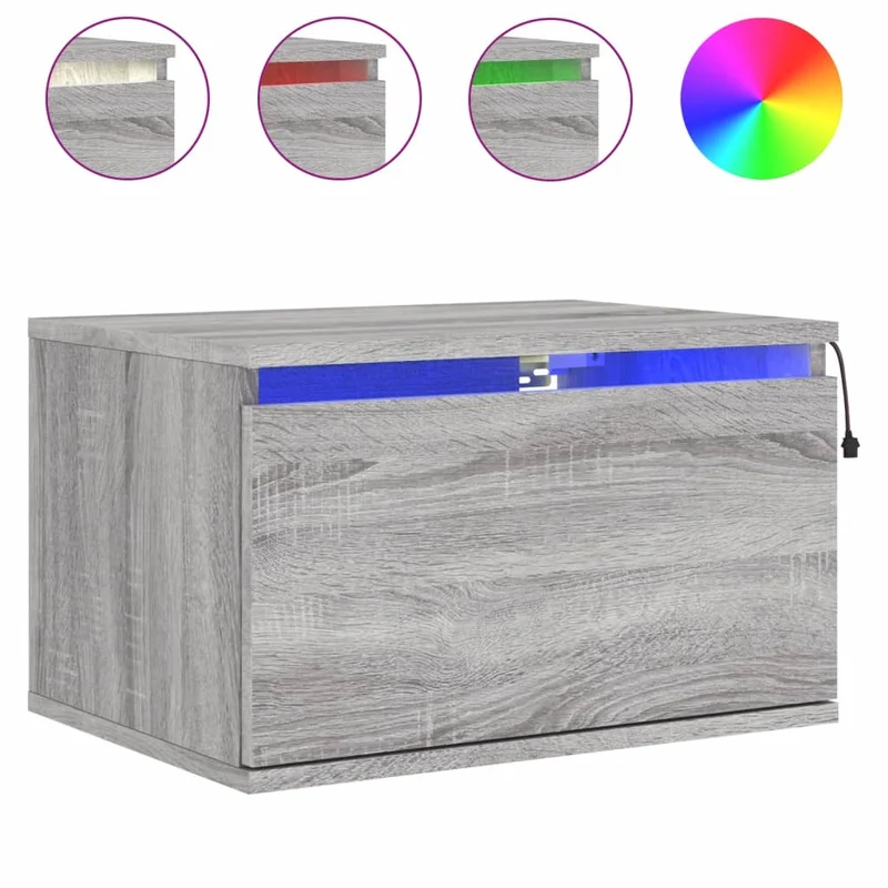 Table de chevet murale avec lumières LED et tiroir 50 x 36 x 30 cm en bois d'ingénierie gris DEC034210