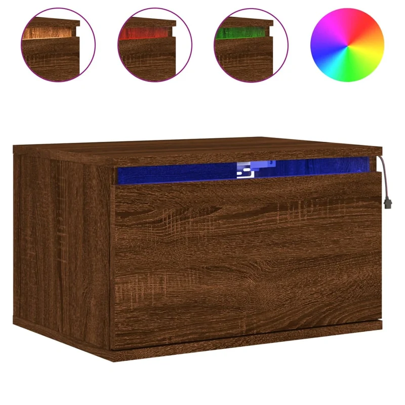 Table de chevet murale avec lumières LED et tiroir 50 x 36 x 30 cm bois d'ingénierie chêne marron DEC034185