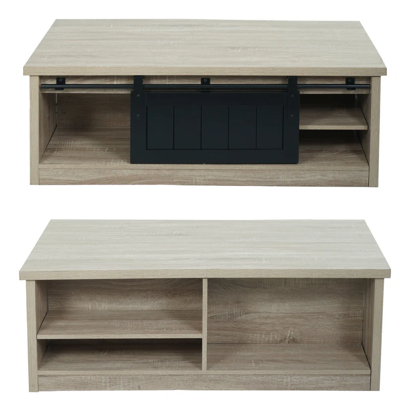 Table basse table d'appoint avec porte coulissante 6 compartiments de rangement aspect bois métal 44x120x60 cm 04_0008435