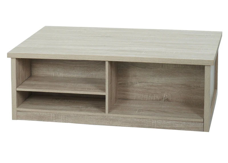Table basse table d'appoint avec porte coulissante 6 compartiments de rangement aspect bois métal 44x120x60 cm 04_0008435