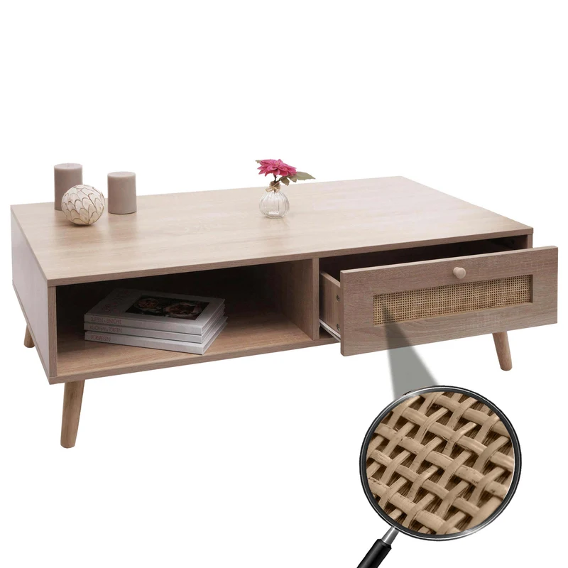 Table basse table d'appoint avec tiroir kubu rotin bois mélamine 37 x 110 x 59 cm aspect chêne 04_0008449