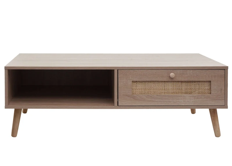 Table basse table d'appoint avec tiroir kubu rotin bois mélamine 37 x 110 x 59 cm aspect chêne 04_0008449