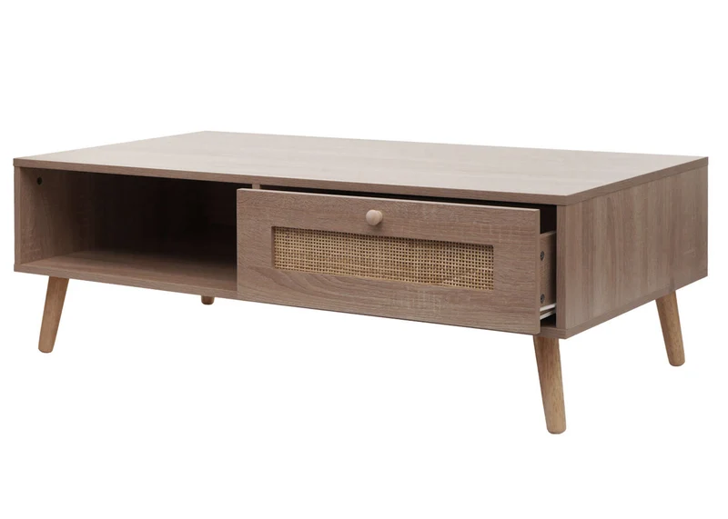 Table basse table d'appoint avec tiroir kubu rotin bois mélamine 37 x 110 x 59 cm aspect chêne 04_0008449