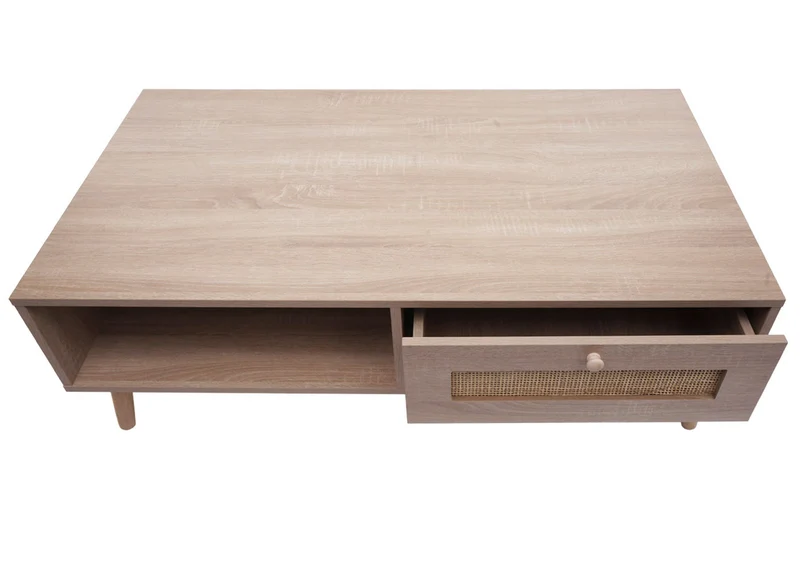 Table basse table d'appoint avec tiroir kubu rotin bois mélamine 37 x 110 x 59 cm aspect chêne 04_0008449