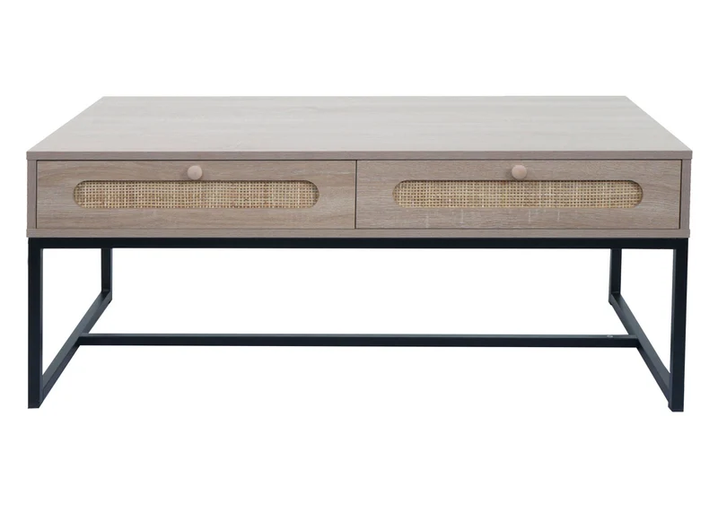 Table basse table d'appoint avec deux tiroirs kubu rotin bois mélamine aspect chêne 04_0008450