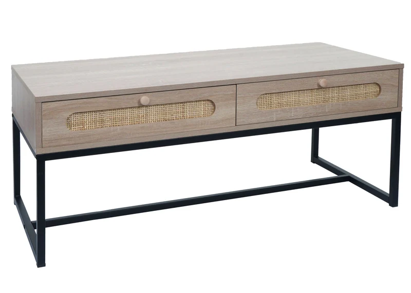 Table basse table d'appoint avec deux tiroirs kubu rotin bois mélamine aspect chêne 04_0008450