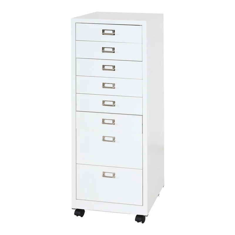 Caisson à tiroirs meuble de bureau 115 x 40 x 41 cm 8 tiroirs en acier blanc 04_0008263