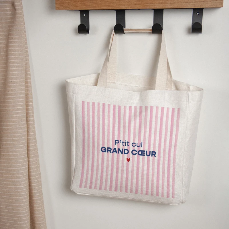 Tote bag Anse en toile Grand Cœur Rose
