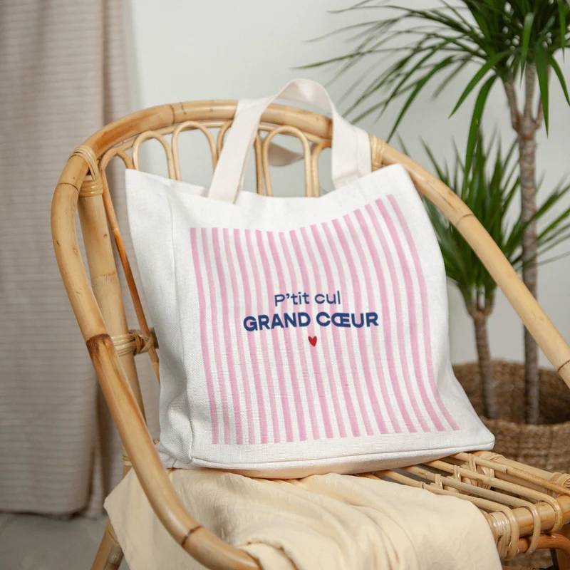 Tote bag Anse en toile Grand Cœur Rose