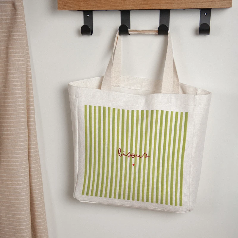 Tote bag Anse en toile Bisous Rayures Verte