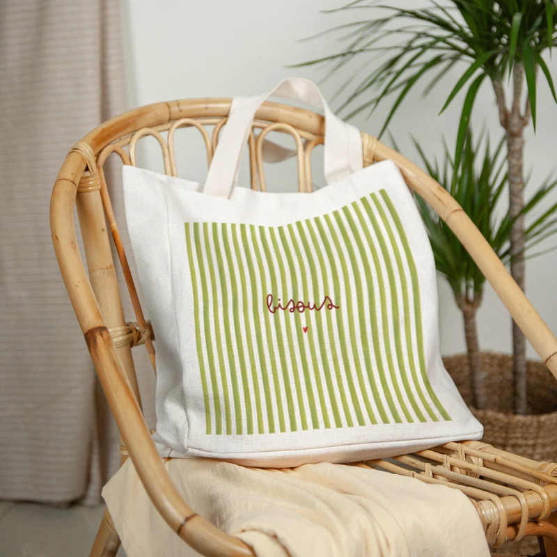 Tote bag Anse en toile Bisous Rayures Verte