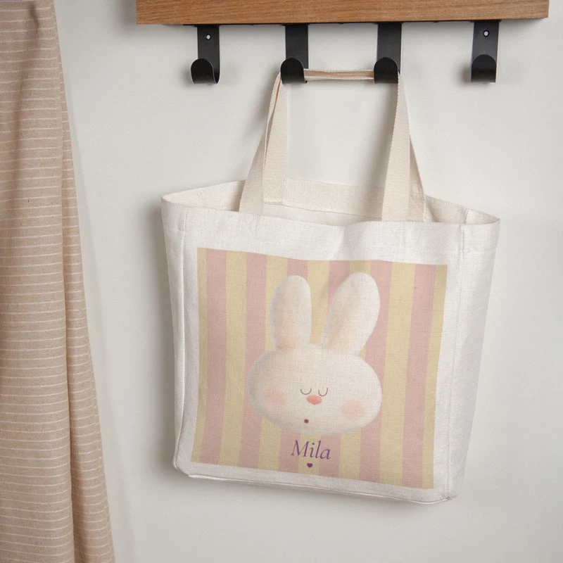 Tote bag Naissance Anse en toile Doudou lapin rayures