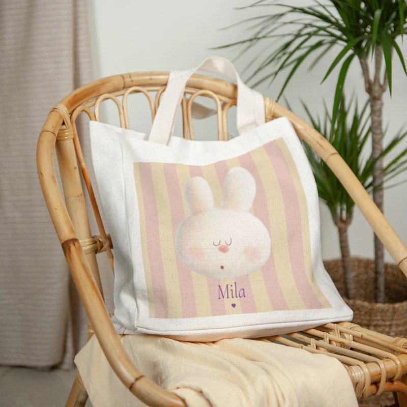 Tote bag Naissance Anse en toile Doudou lapin rayures